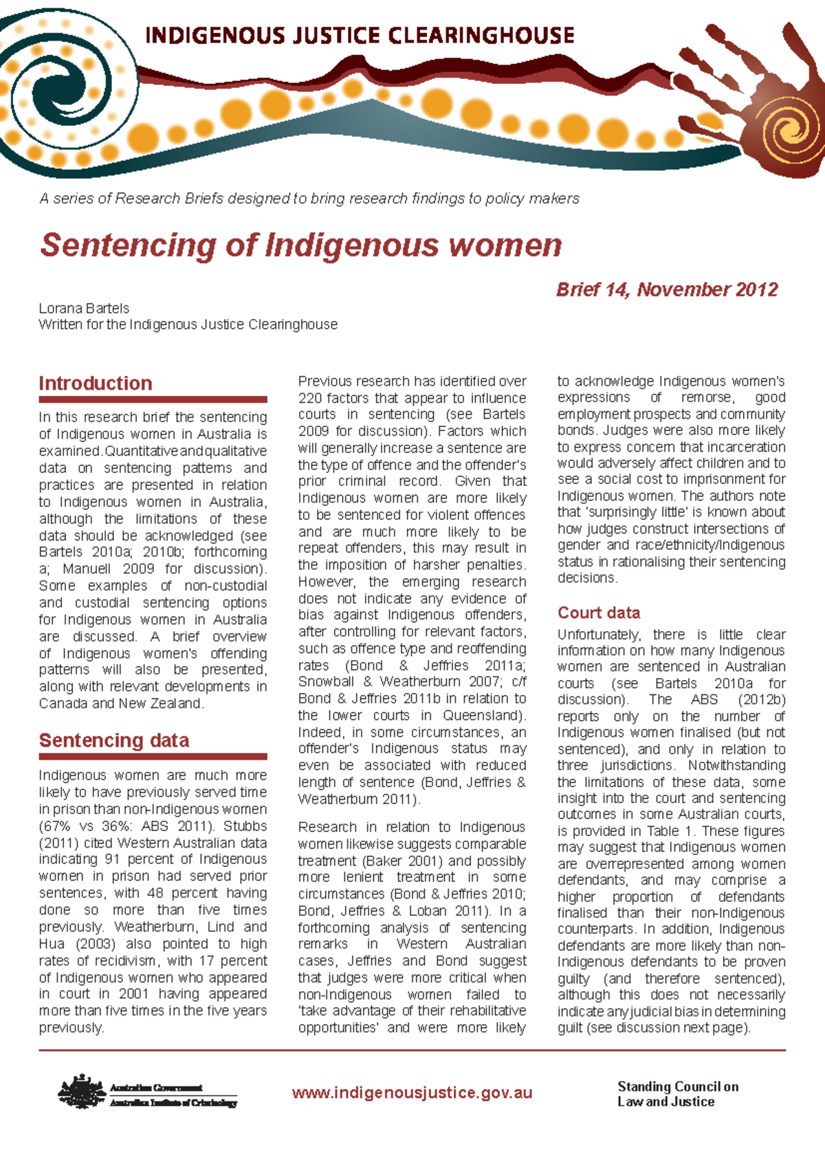 Sentencing of Indigenous Women in Australia: Research Briefs Analysis ...