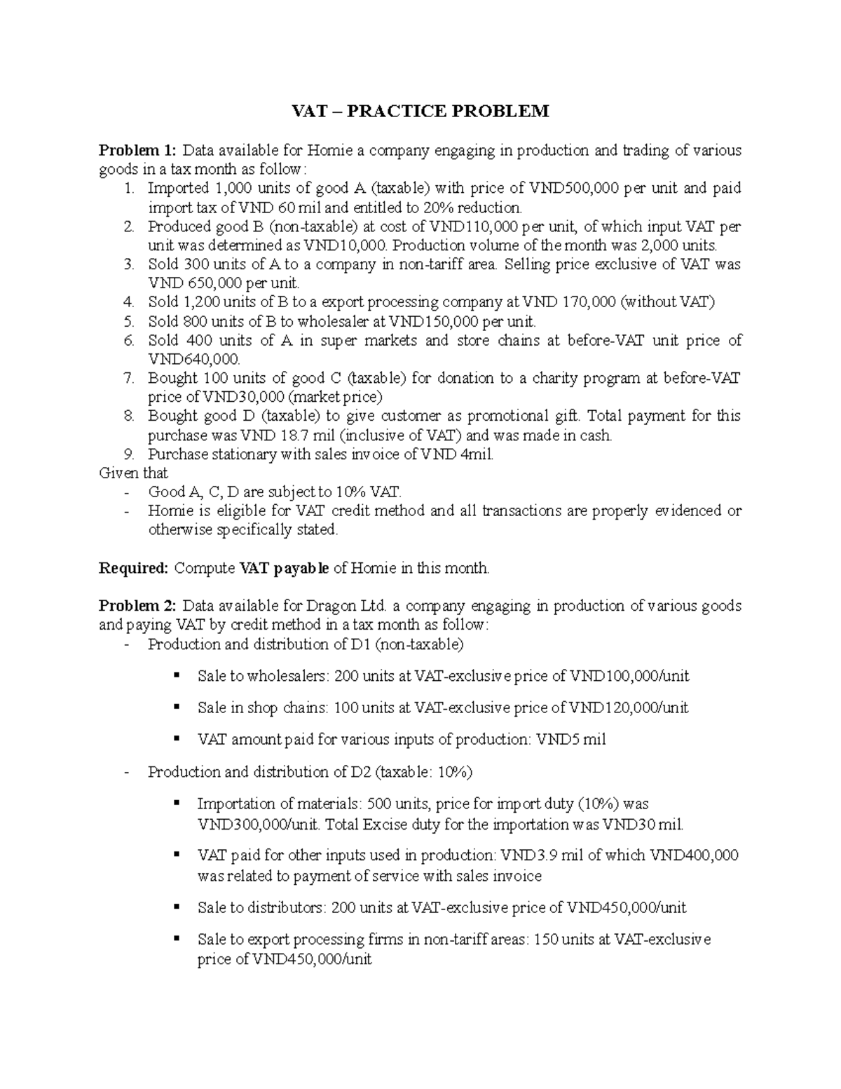VAT Practice Problem 2022 - VAT – PRACTICE PROBLEM Problem 1: Data ...