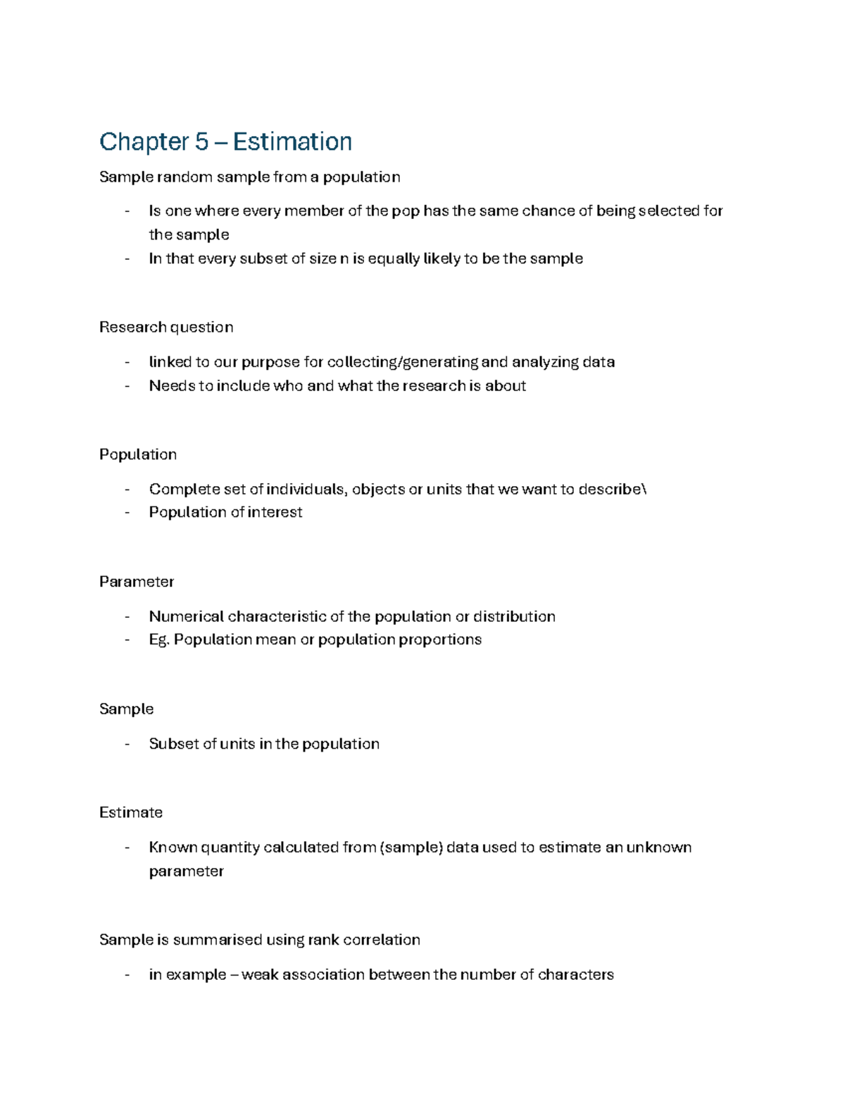 Stats 101: Chapter 5-8 Estimation & Quantification Notes - Studocu