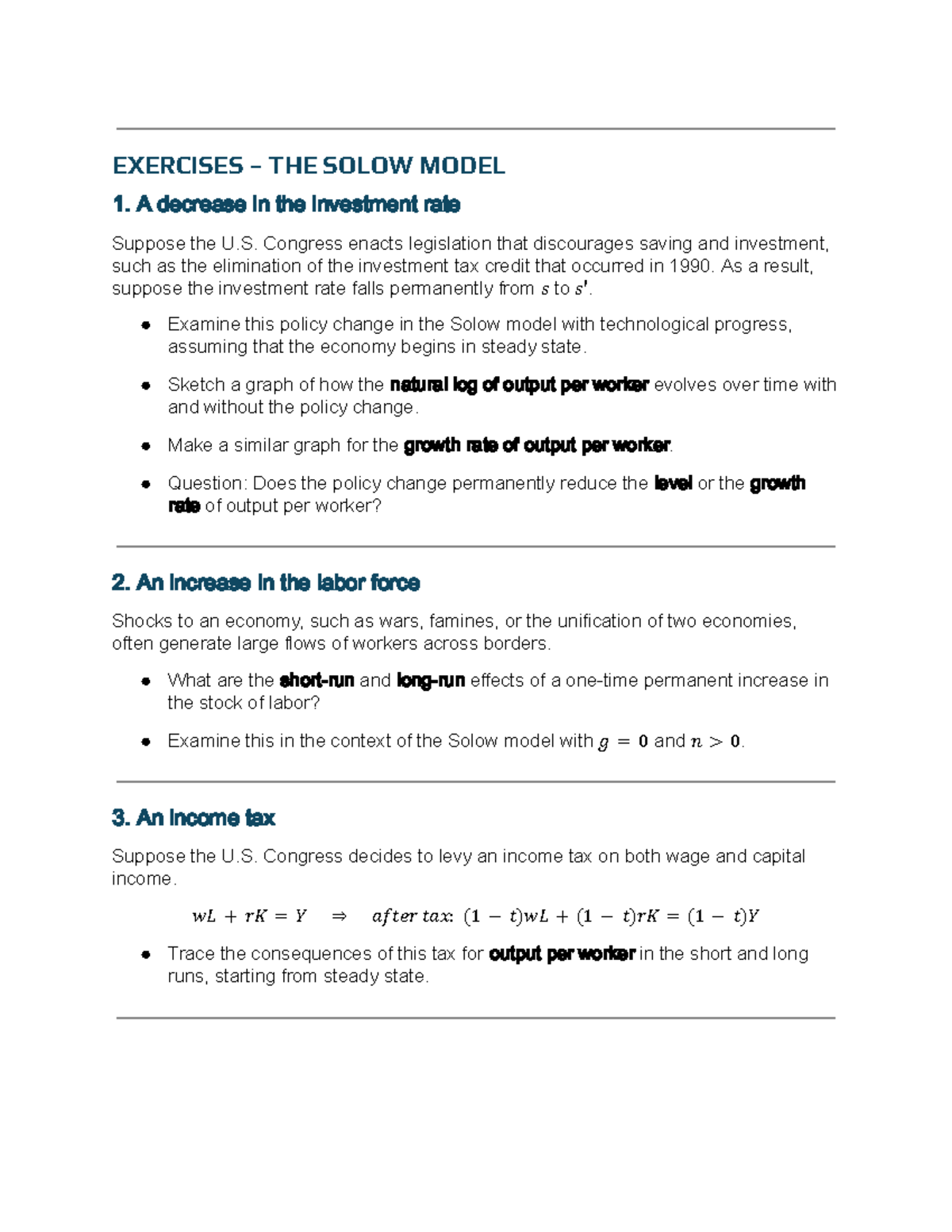 CH3 ANS - Solow Model Exercises: Investment, Labor, and Tax Effects ...