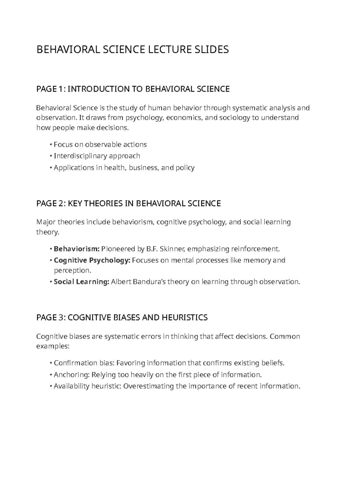 BEHAVIORAL SCIENCE LECTURE SLIDES: INTRODUCTION & KEY THEORIES - Studocu