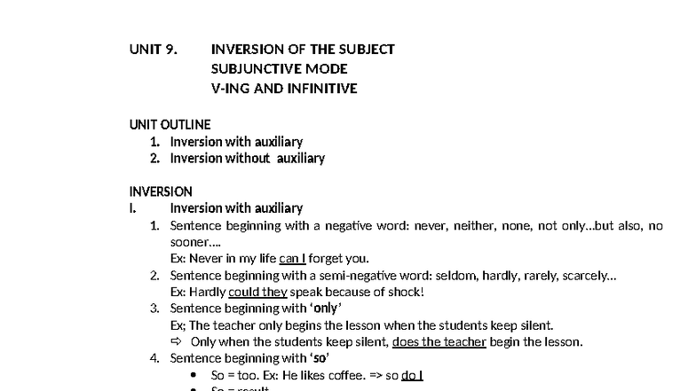Grammar Unit 9: Inversion & Subjunctive Mode Overview - Studocu