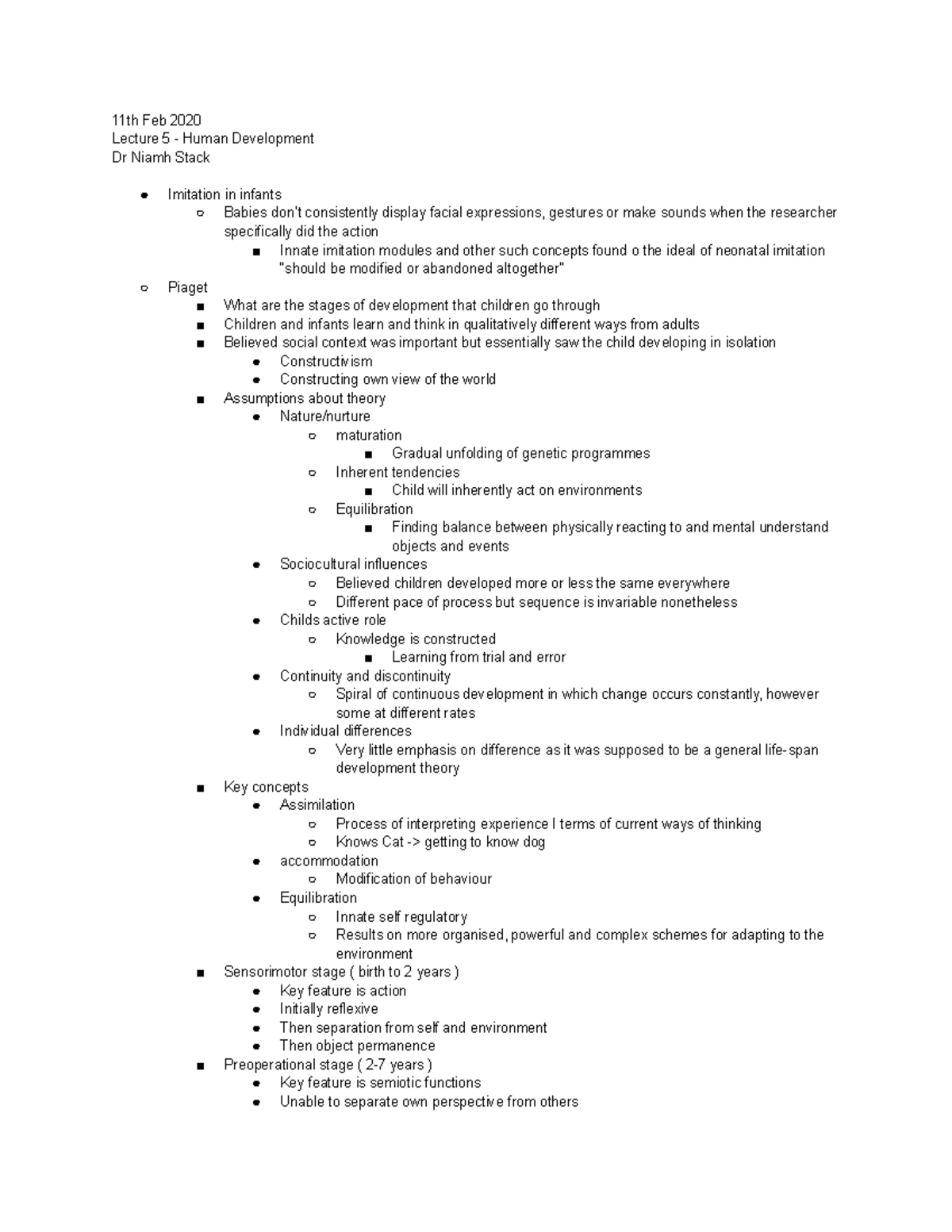 Human Development Lecture 5 Notes - 11th Feb 2020 - Studocu