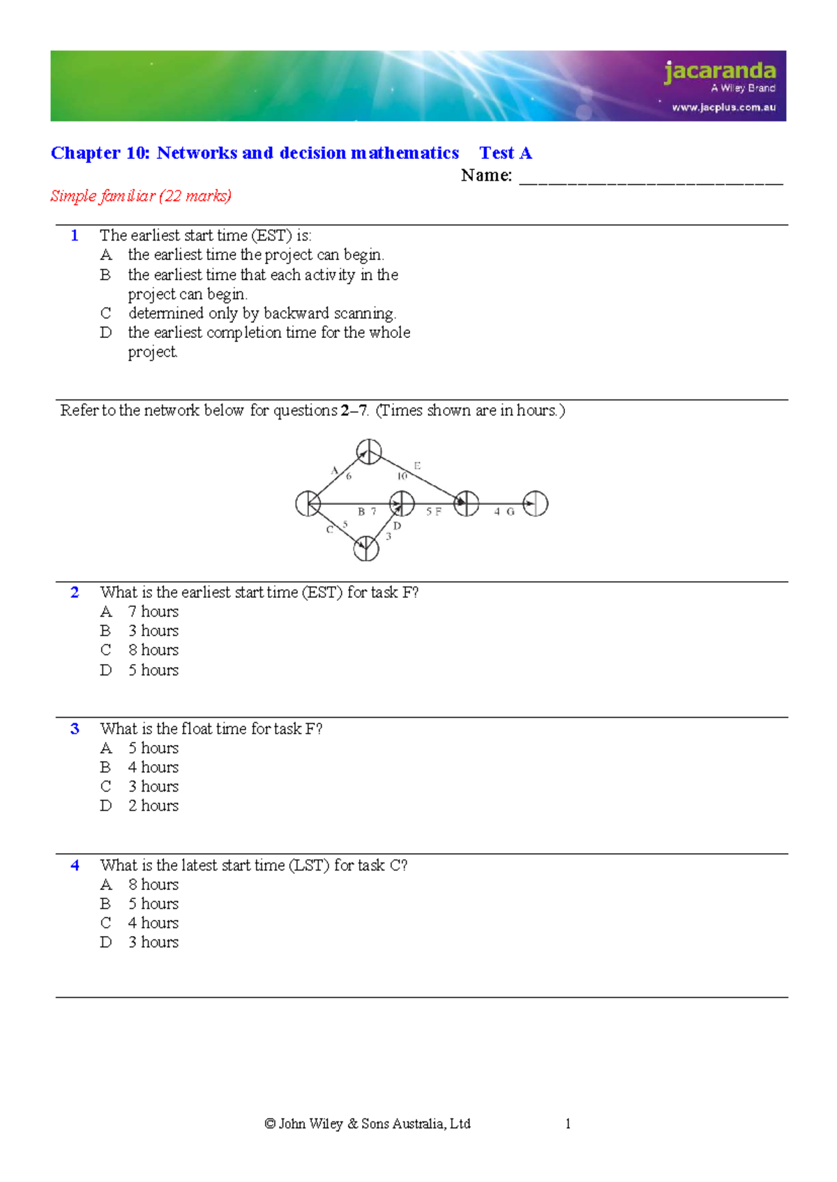 Chapter 10 Test A: Networks & Decision Maths - General Maths Unit 4 ...