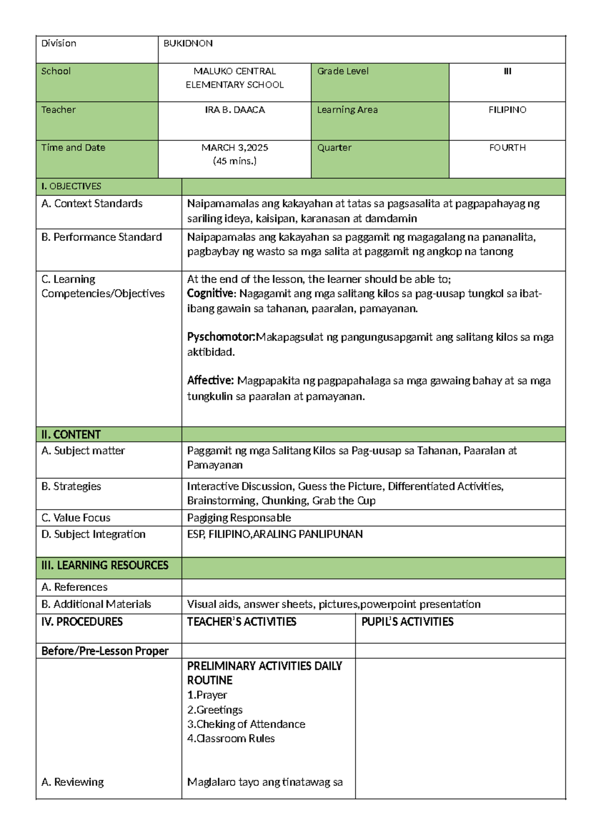 Filipino 3: Pagsasalita at Pagsusulat ng Salitang Kilos sa Tahanan ...
