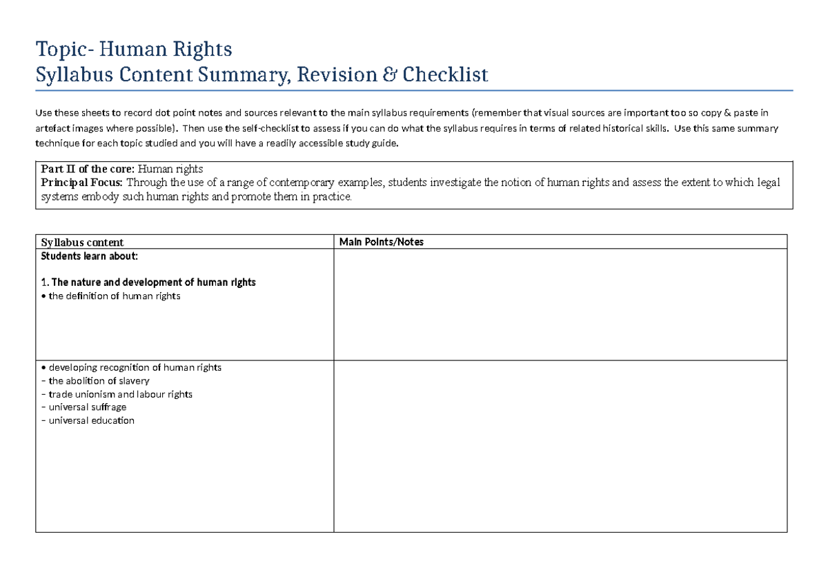 Human Rights - HSC Summary Sheet & Revision Checklist - Studocu