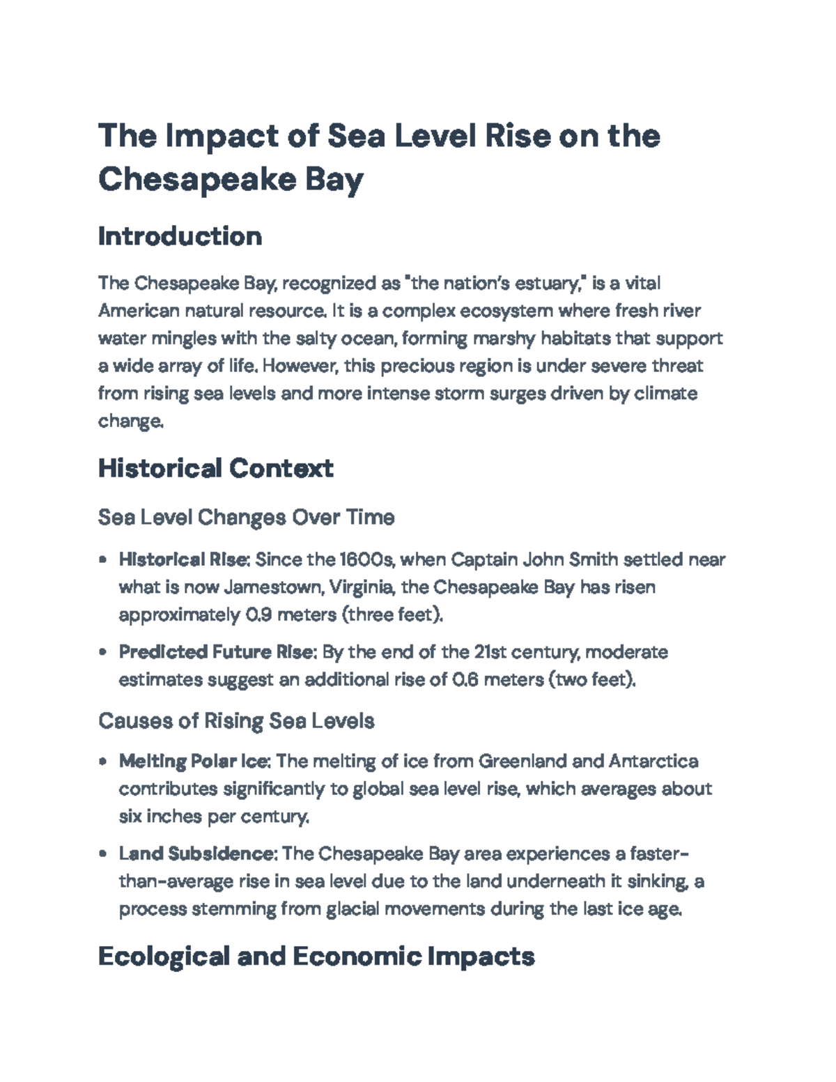 The Impact of Sea Level Rise on Chesapeake Bay: Ecological & Economic ...