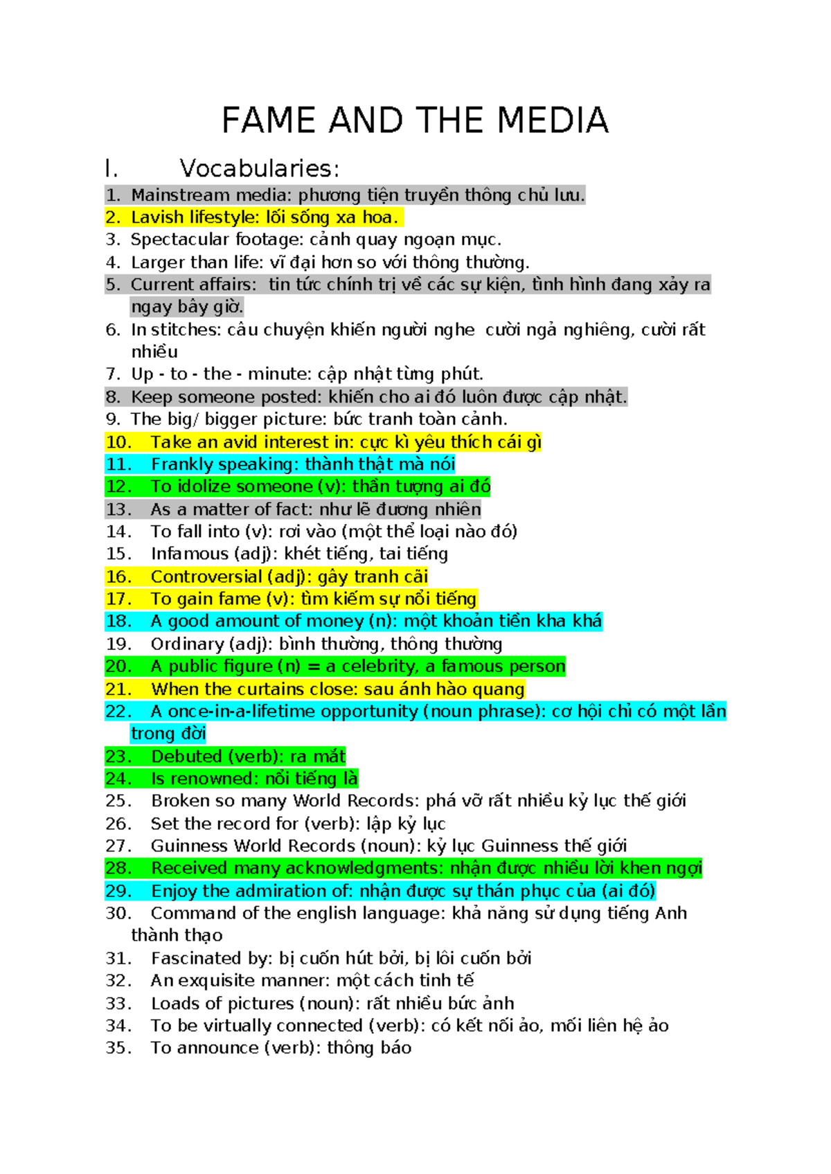 FAME AND THE MEDIA I: Essential Vocabulary List - Studocu