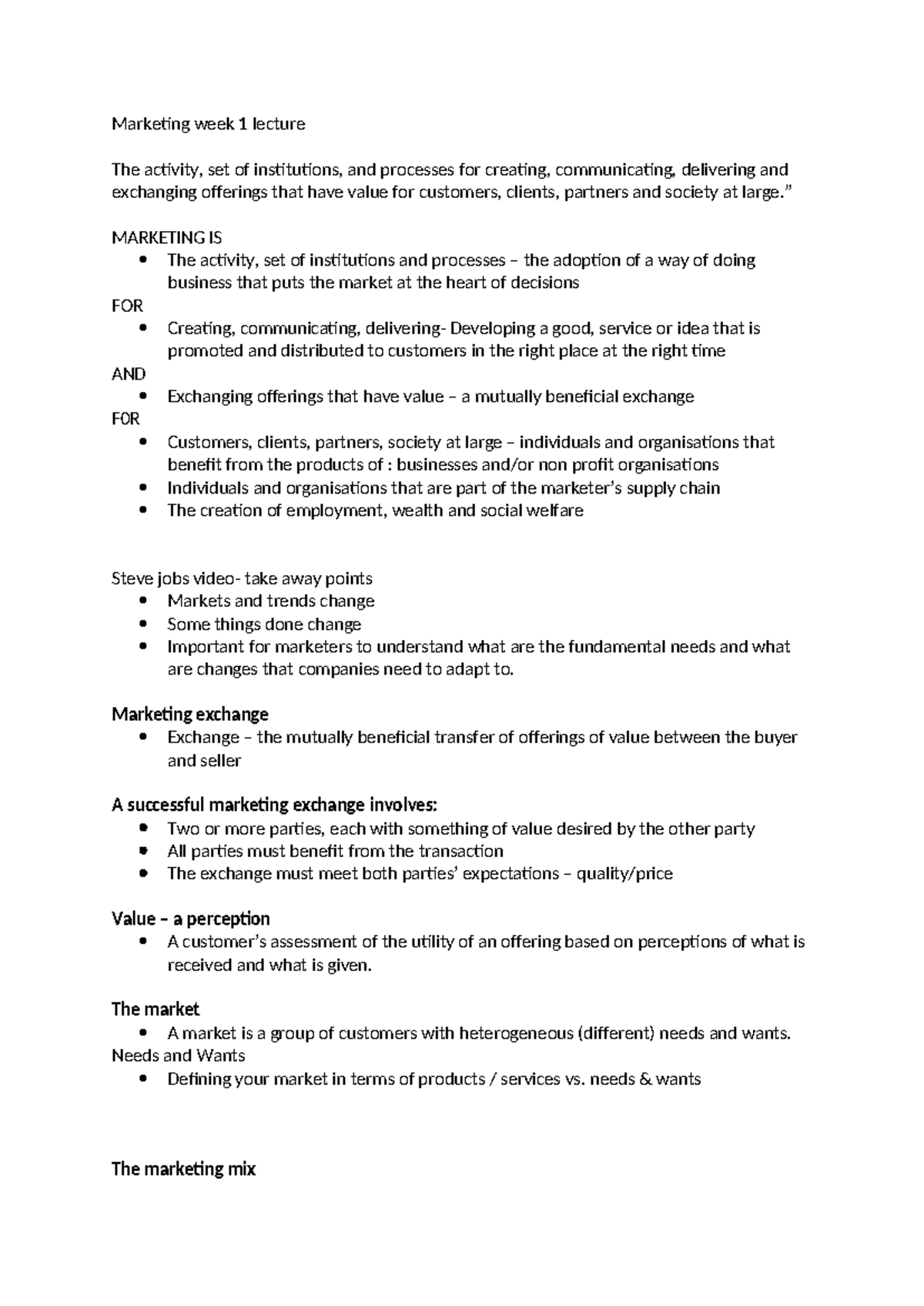 Marketing 101: Week 1 Lecture Notes on Value Creation and Exchange ...