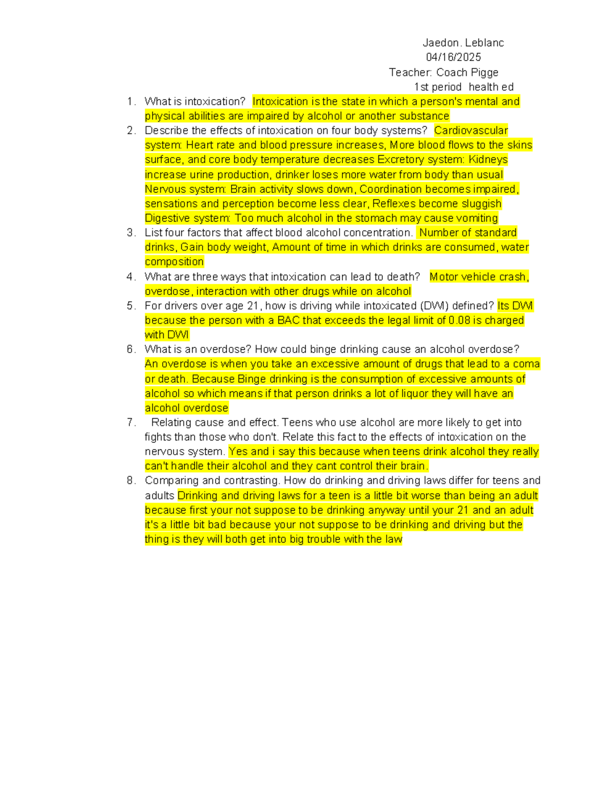 Health Ed 1st Period: Effects of Intoxication on Body Systems - Studocu