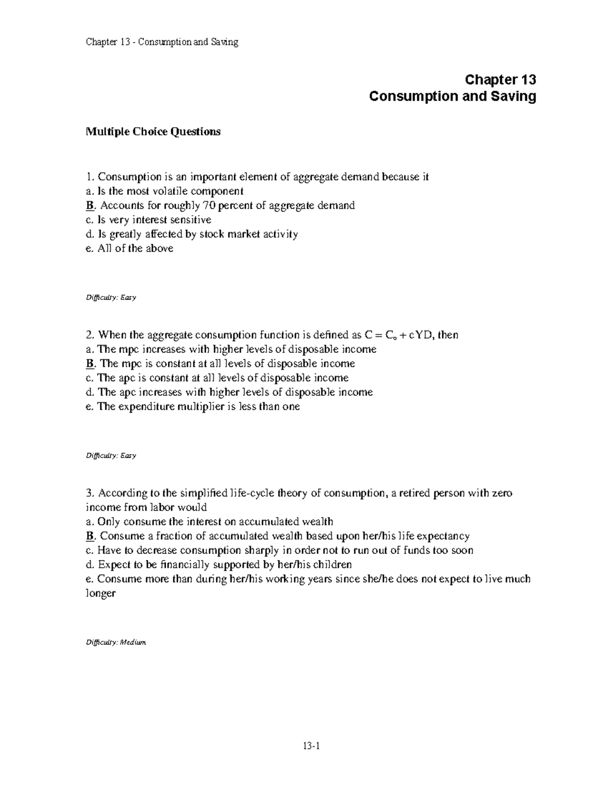 Tb Chap 013 - Chapter 13 Consumption and Saving Multiple Choice ...