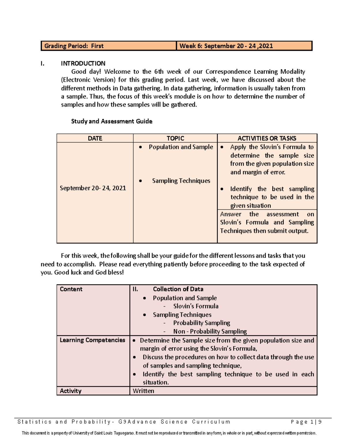 WEEK 6 Grade 9 Advance AND G10 Science Statistics - S t a t i s t i c s ...