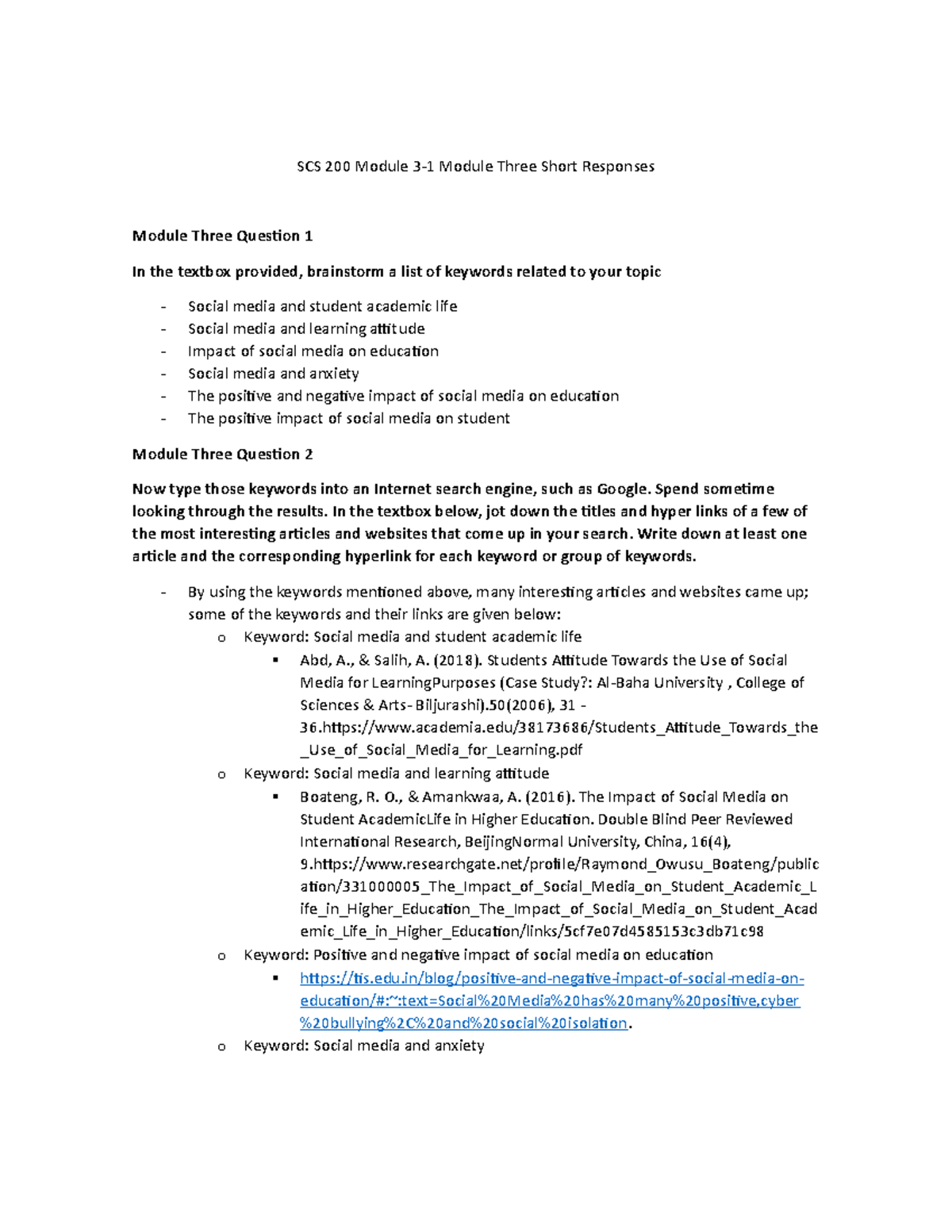 SCS 200 Module 3-1 Short Responses on Social Media's Impact in ...