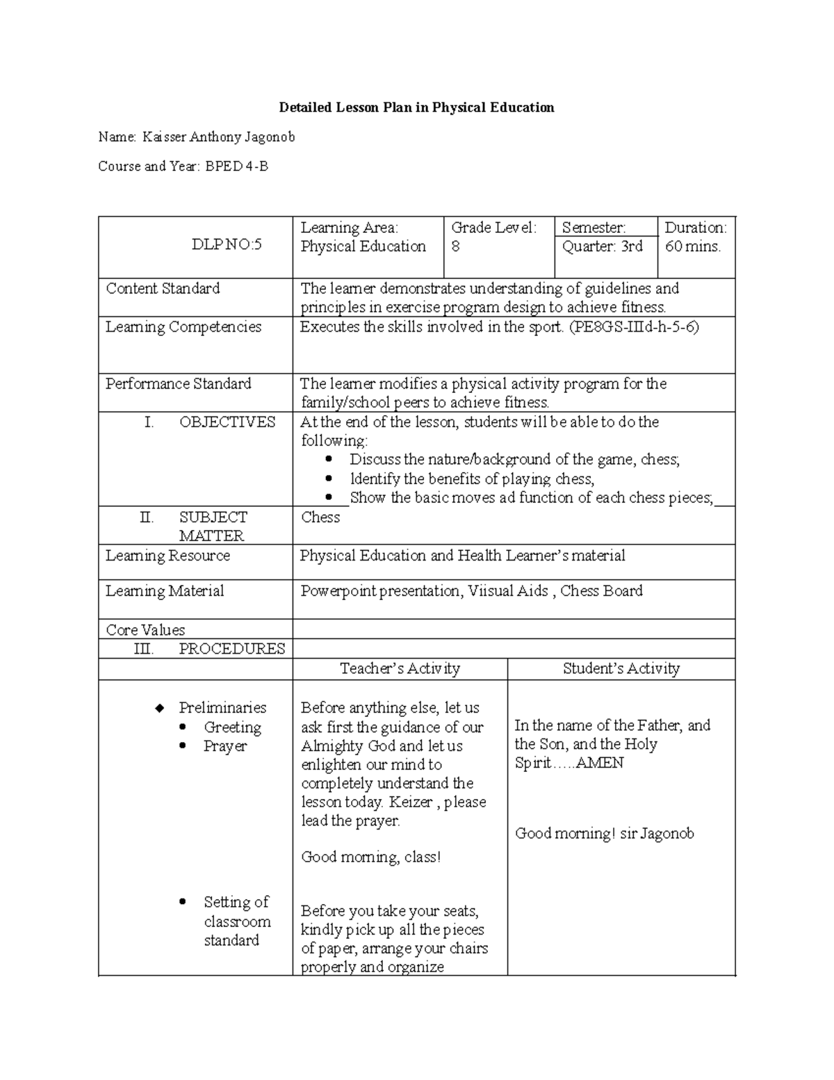 DLP: Detailed Lesson Plan on Chess for BPED 4-B Students - Studocu