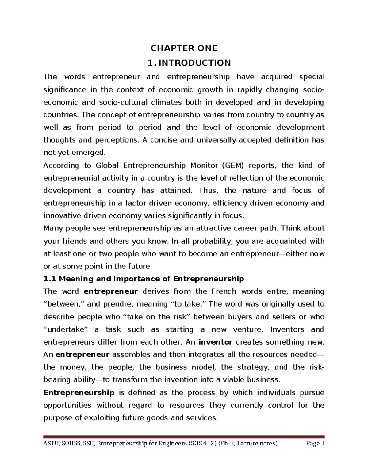 Entrepreneurship for Engineers (SOS 412) Chapter 1: Introduction to ...