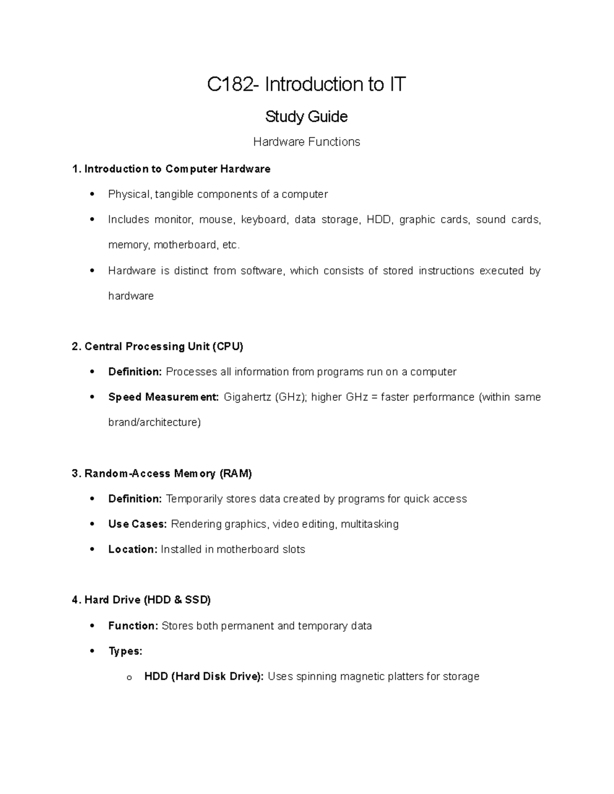 C182- Intro to IT Hardware Functions Study Guide - C182- Introduction ...