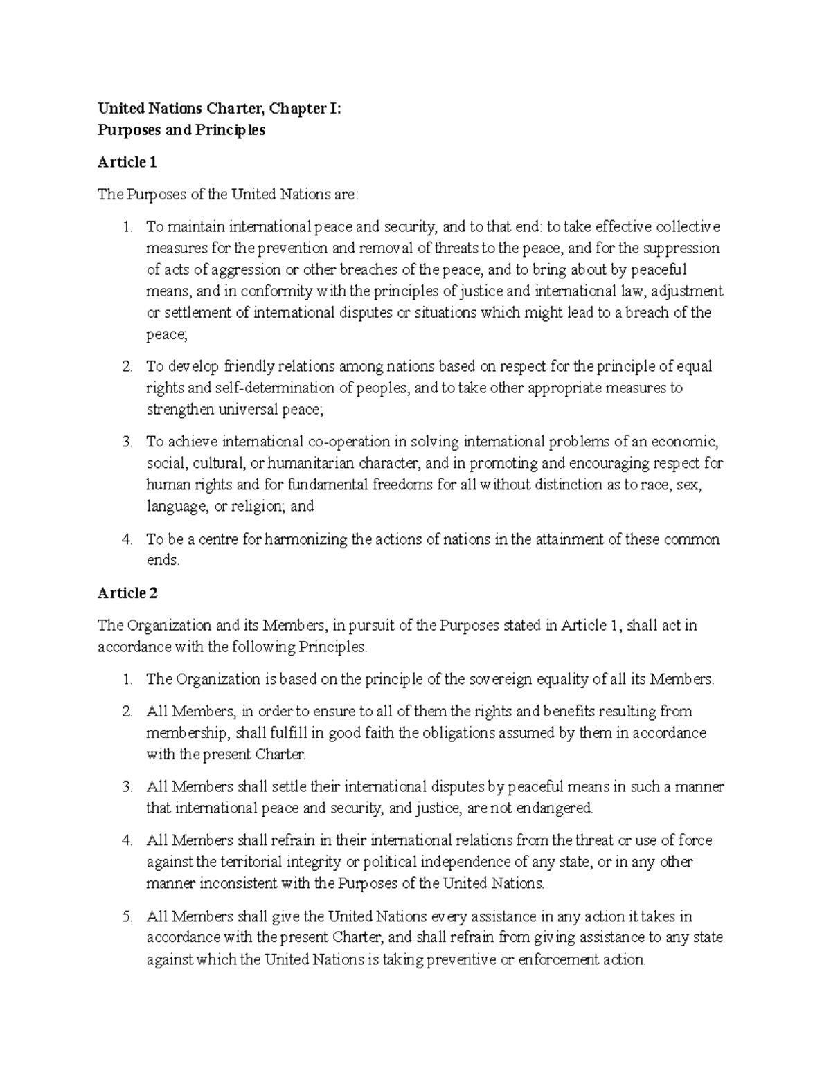 UN Charter 1945: Chapter I - Purposes and Principles Overview - Studocu