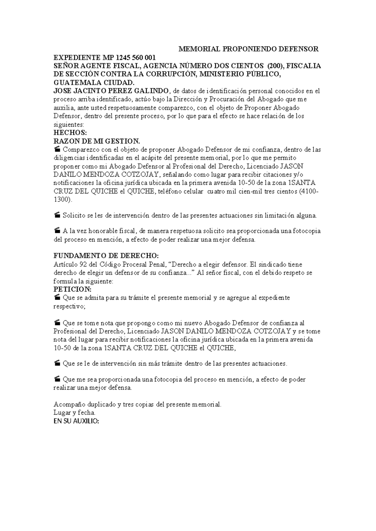 Memorial Proponiendo Defensor en Expediente MP 1245 560 001 - Document Preview