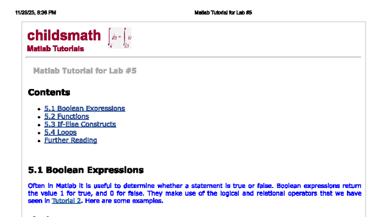 Matlab Tutorial for Lab: Boolean Expressions, Functions & Loops - Studocu