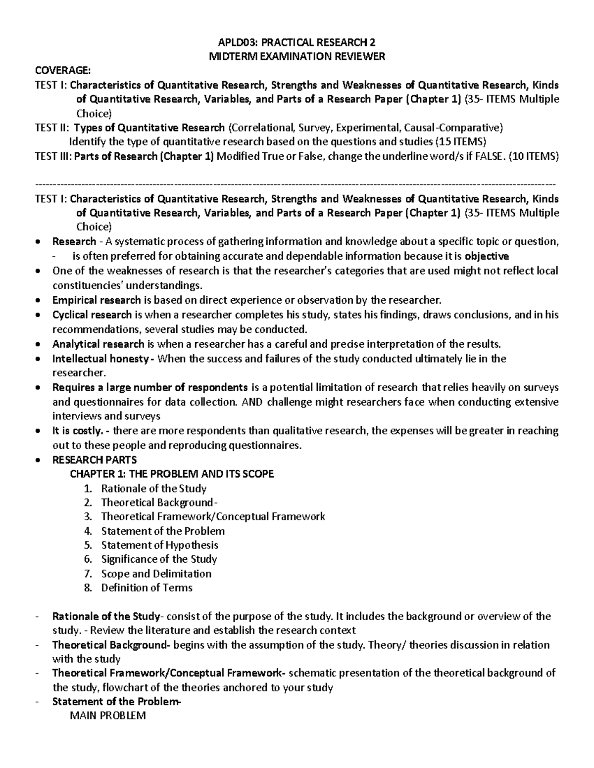 Midterm Exam Reviewer for APLD03 - Practical Research 2 (2023) - Studocu