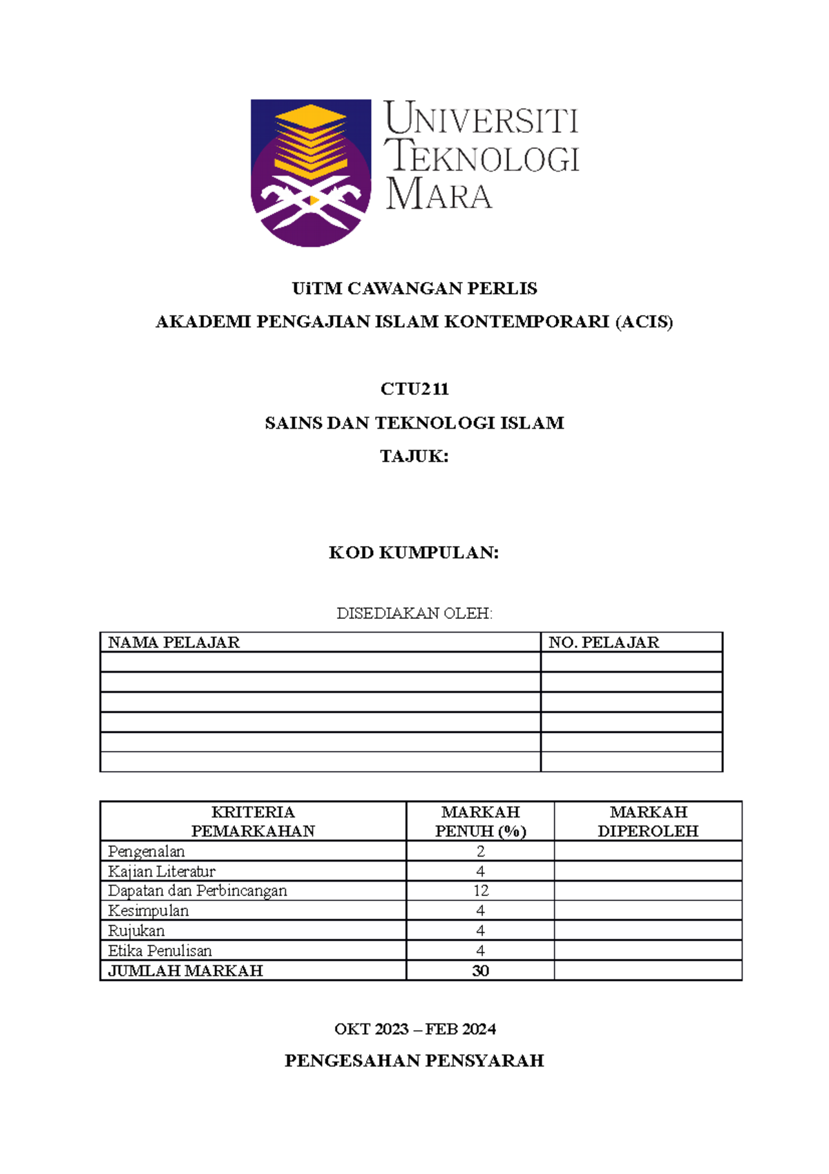 Kertas Kerja CTU211: Sains dan Teknologi Islam untuk Penilaian Semester ...