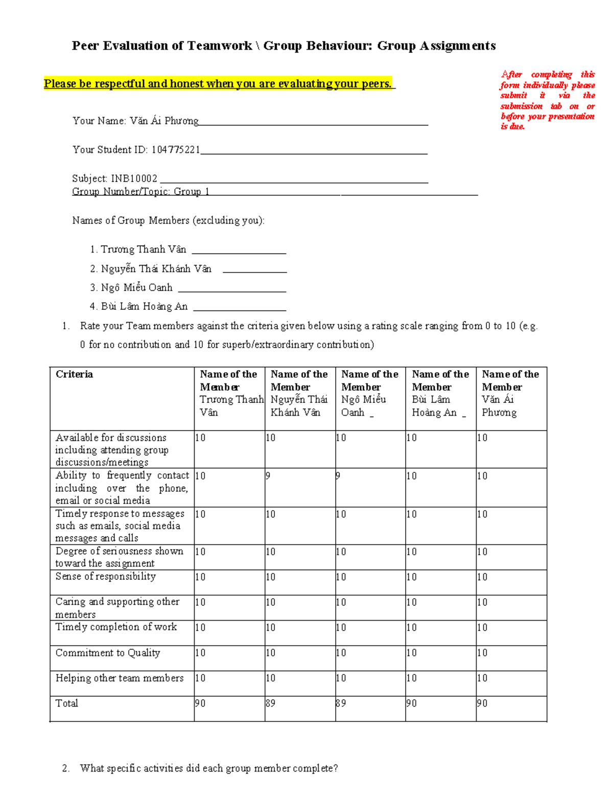 Peer Evaluation of Teamwork: Group Assignment (Group 1) - Studocu