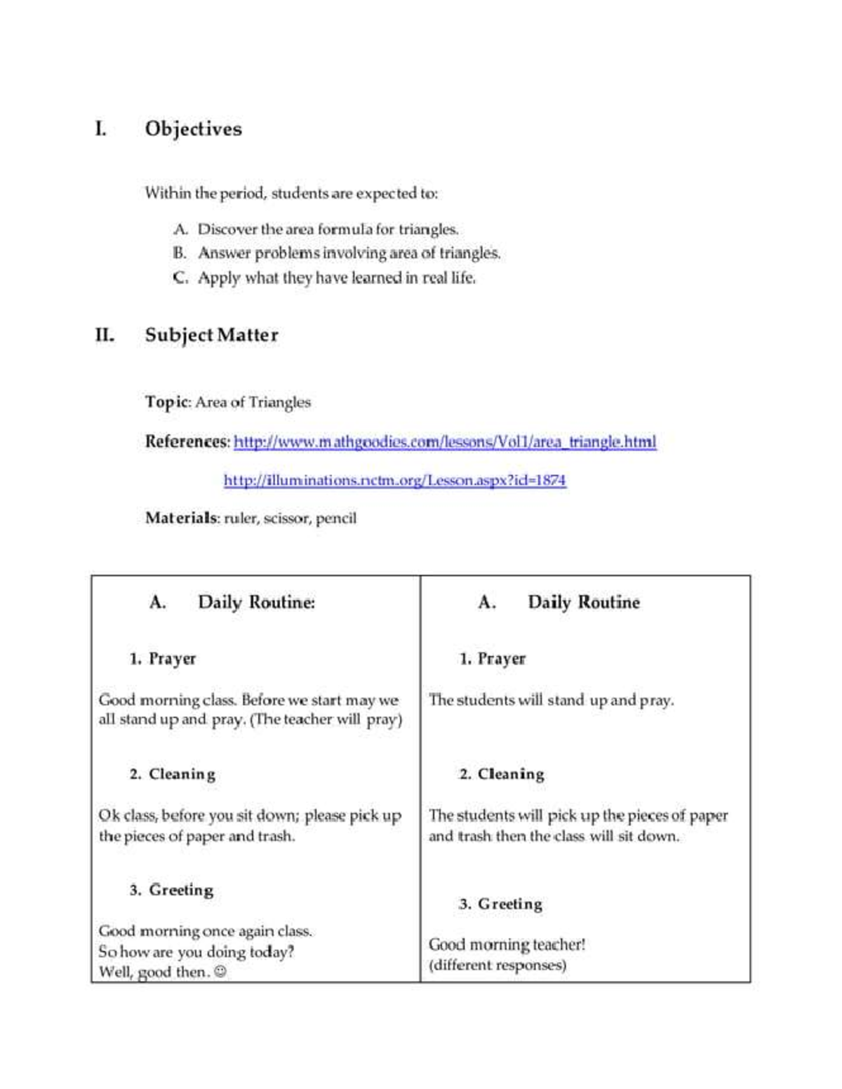 Lesson Plan: Area of Triangles - Objectives & Activities - Studocu