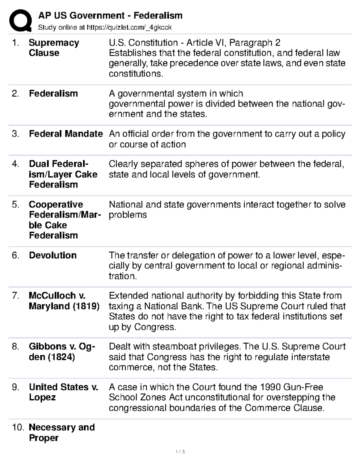 Ap gov federalism - AP US Government - Federalism Study online at 