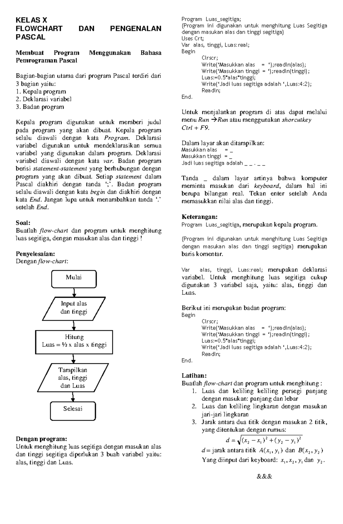 KELAS X: Flowchart dan Program Luas Segitiga dalam Pascal - Studocu