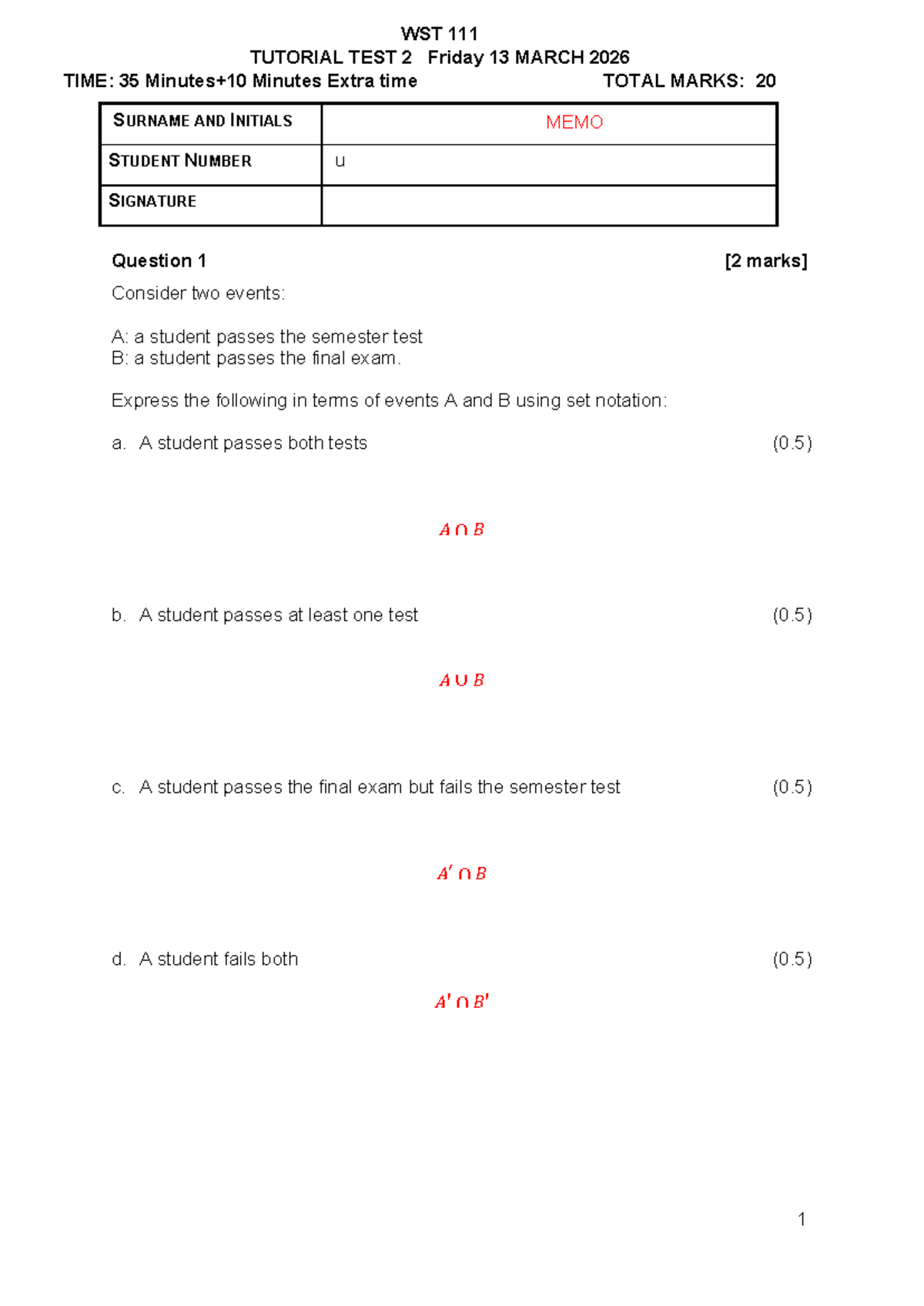 WST TUTORIAL TEST 2 MEMO - MARCH 2026 - Studocu