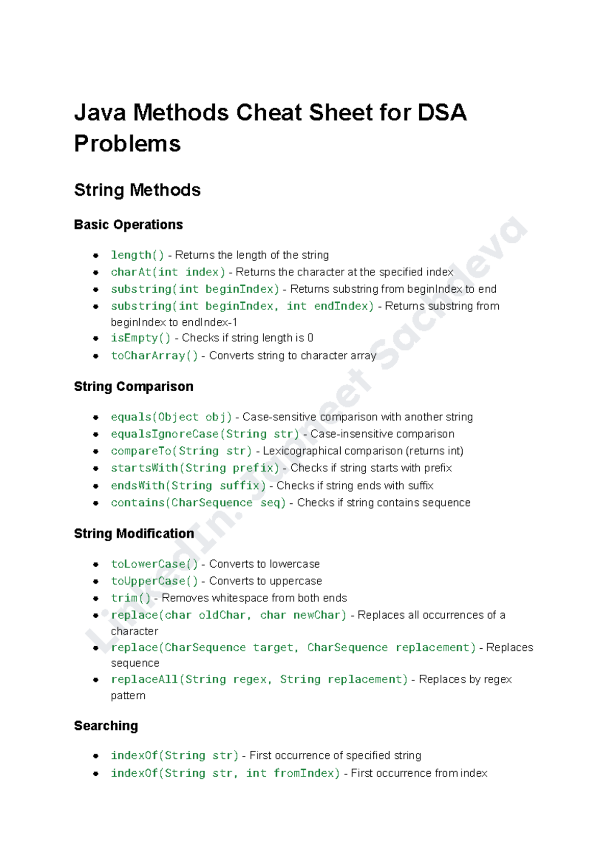 Java Methods Cheat Sheet for DSA Problems - Quick Reference - Studocu