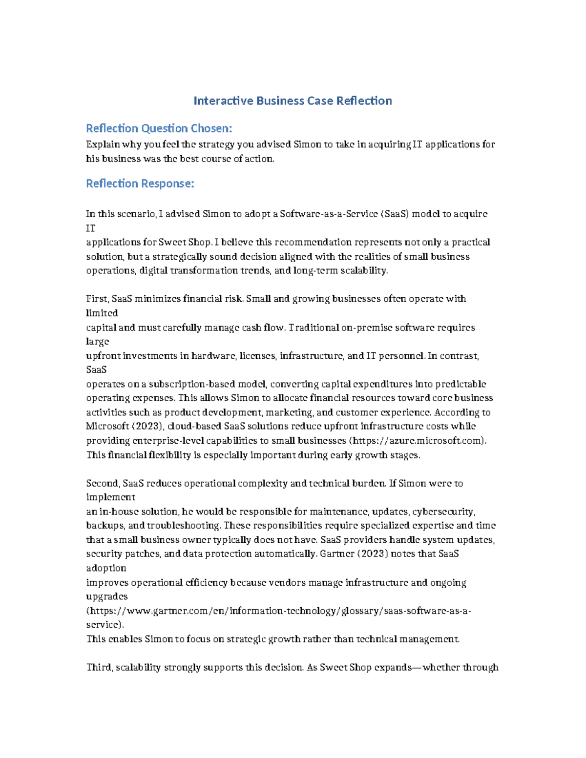Interactive Business Case Reflection: SaaS Strategy for Simon's Sweet ...