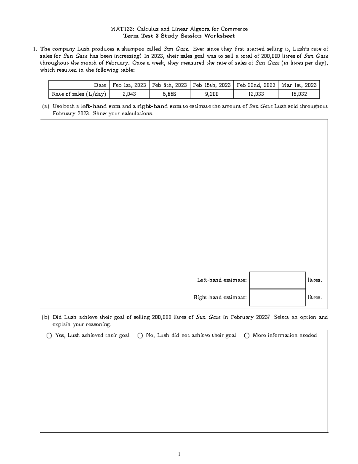 MAT133: Calculus & Linear Algebra for Commerce Test 3 Study Session ...