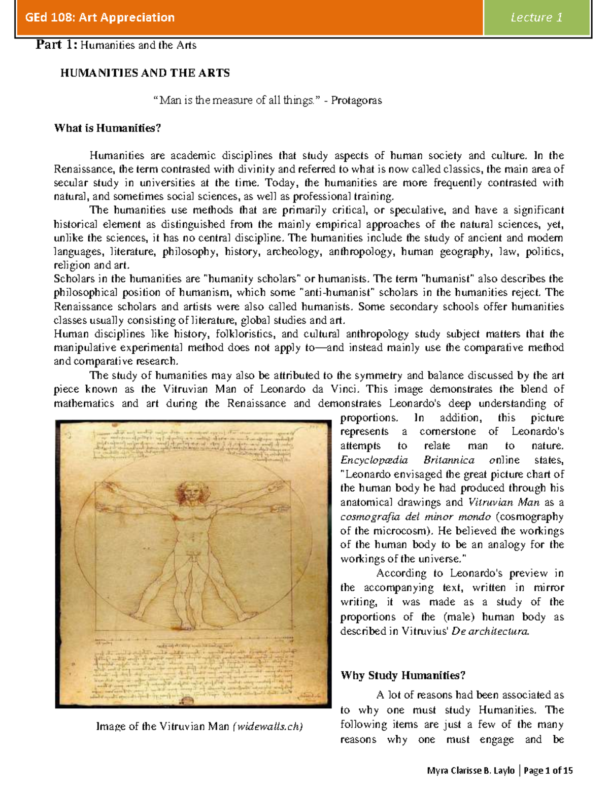 GEd 108 Lecture 1: Exploring the Humanities and the Arts - Studocu