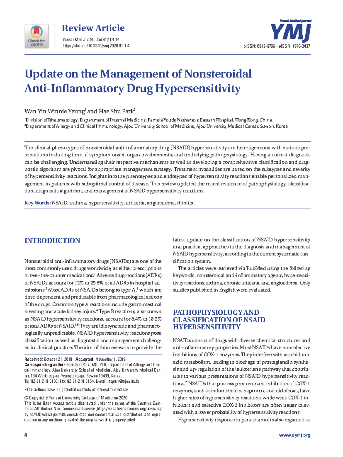 Update on NSAID Hypersensitivity Management: A Review (Yonsei Med J ...