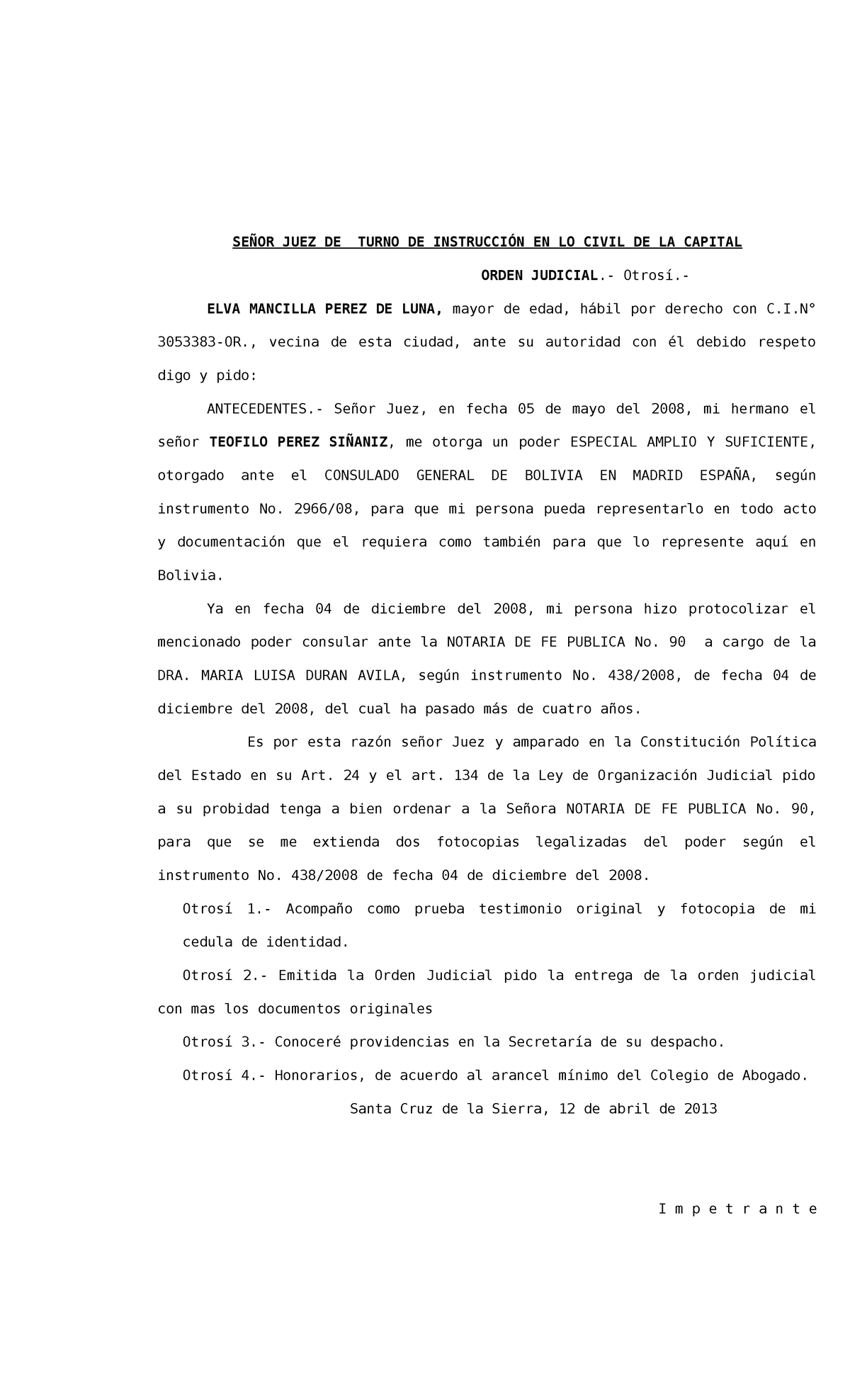 Orden Judicial para Fotocopias Legalizadas del Poder Consular - ELVA M ...