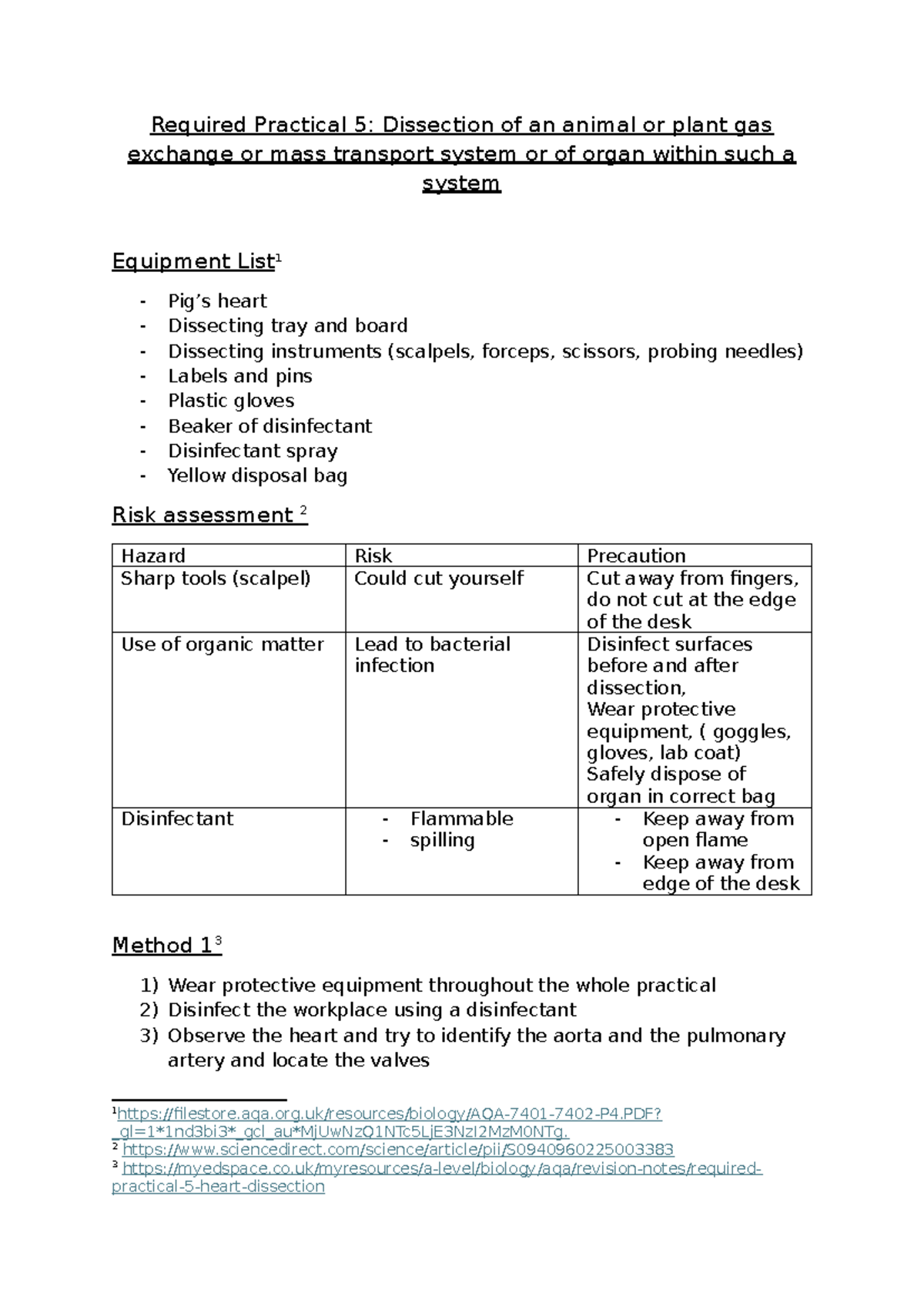 Biology Required Practical 5: Heart Dissection Equipment & Safety - Studocu