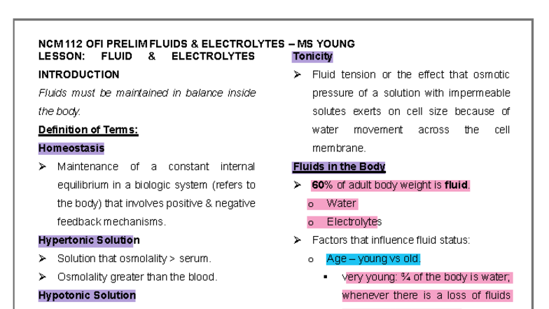 NCM 112 OFI PRELIM FLUIDS & ELECTROLYTES MS YOUNG LESSON NOTES - Studocu