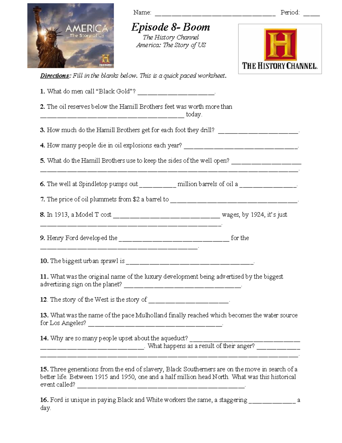 America: The Story of Us - Boom Episode Worksheet (History Channel ...