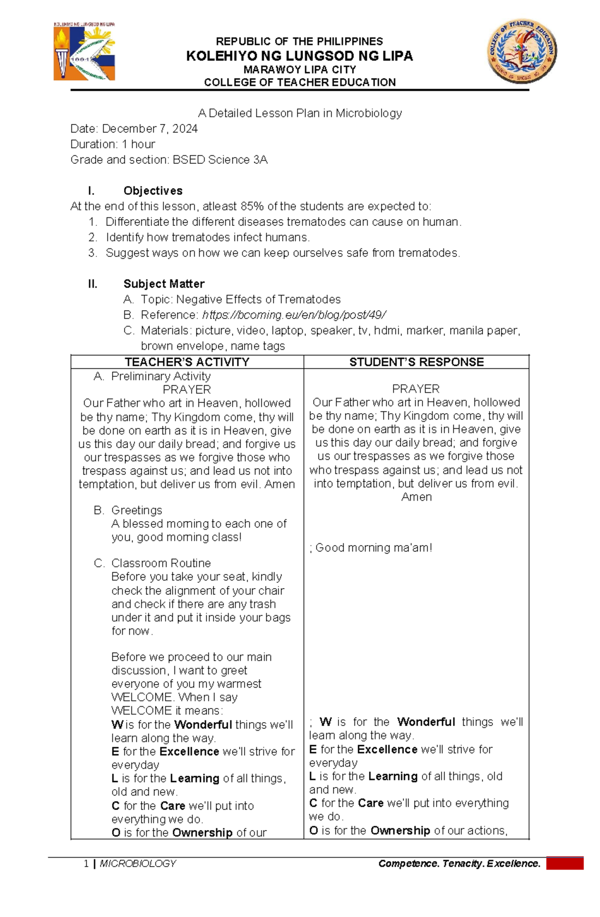 BSED Science 3A - Detailed Lesson Plan: Negative Effects of Trematodes ...
