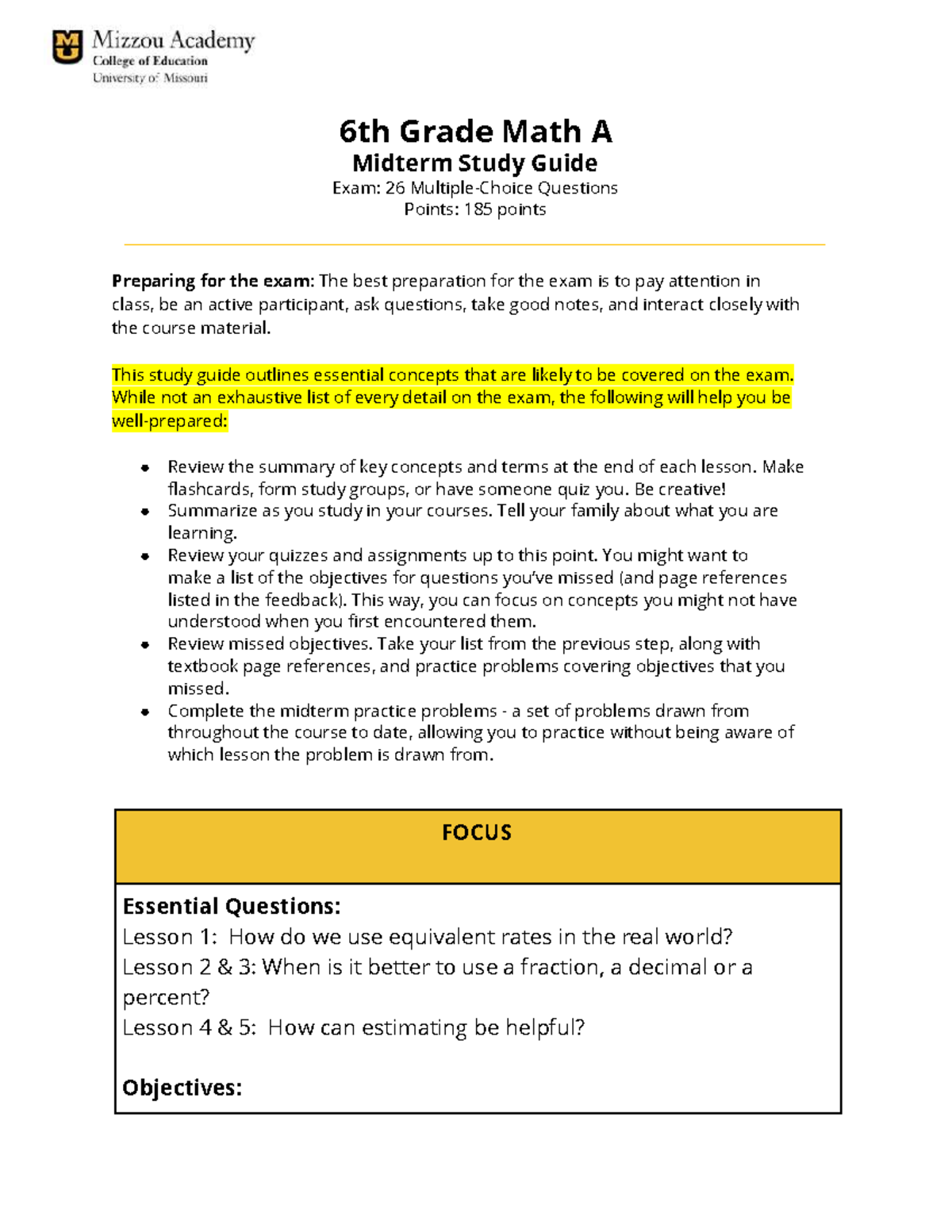 6th Grade Math A Midterm Exam Study Guide: Key Concepts & Tips - Studocu