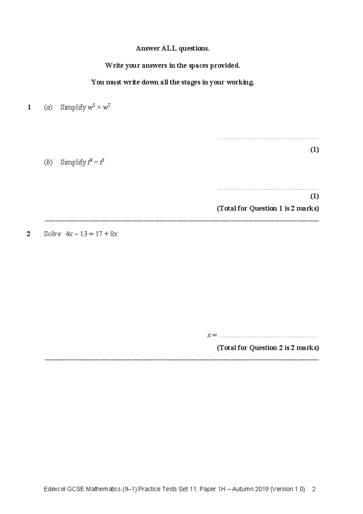 Edexcel GCSE Maths Practice Paper 1H Set 11: February 2024 - Studocu