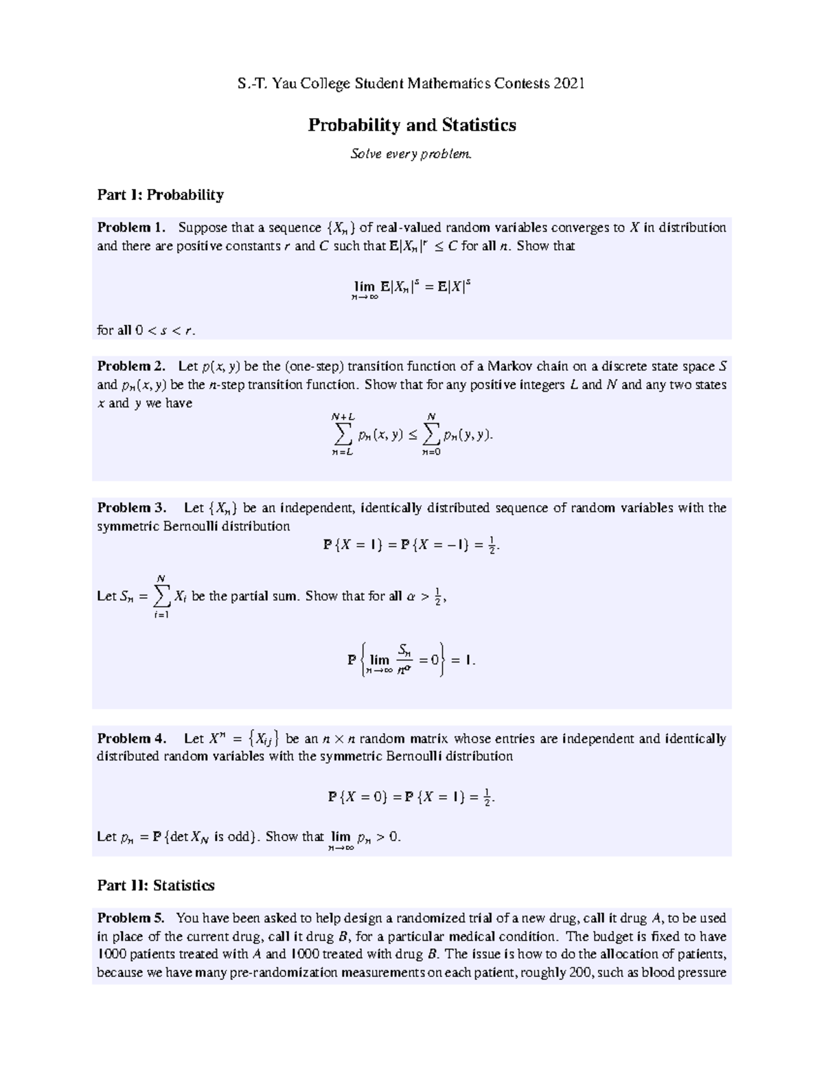 Yau College MATH 21S Final Exam: Probability & Statistics Problems ...