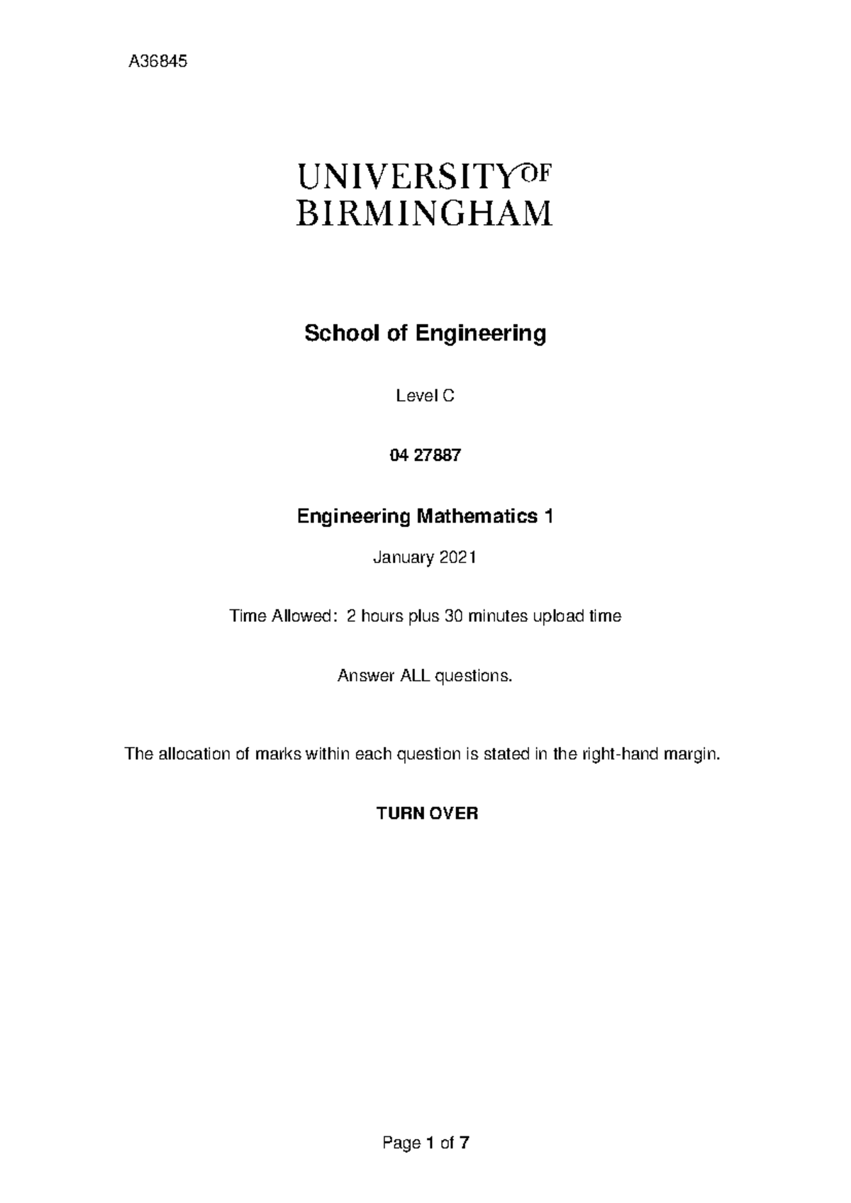 Engineering Maths 1 written exam paper - A School of Engineering Level ...