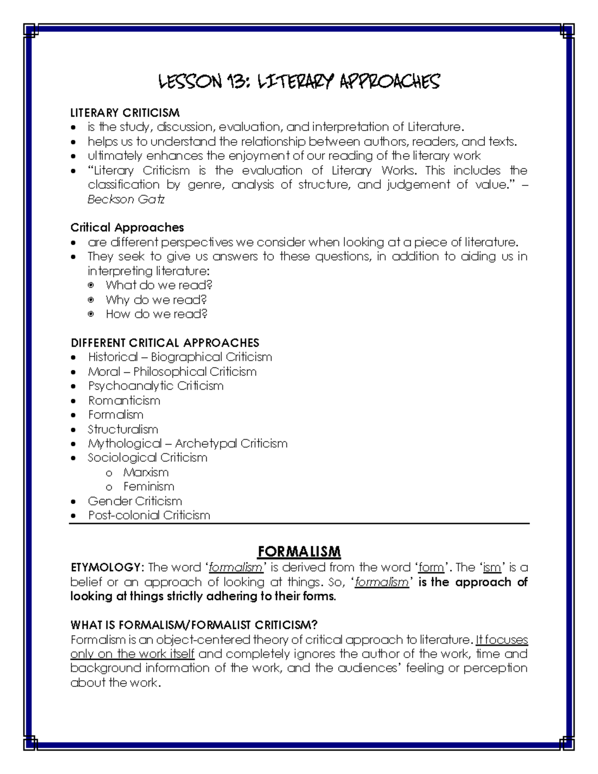 Lesson 13 - Exploring Literary Approaches in Criticism - Studocu