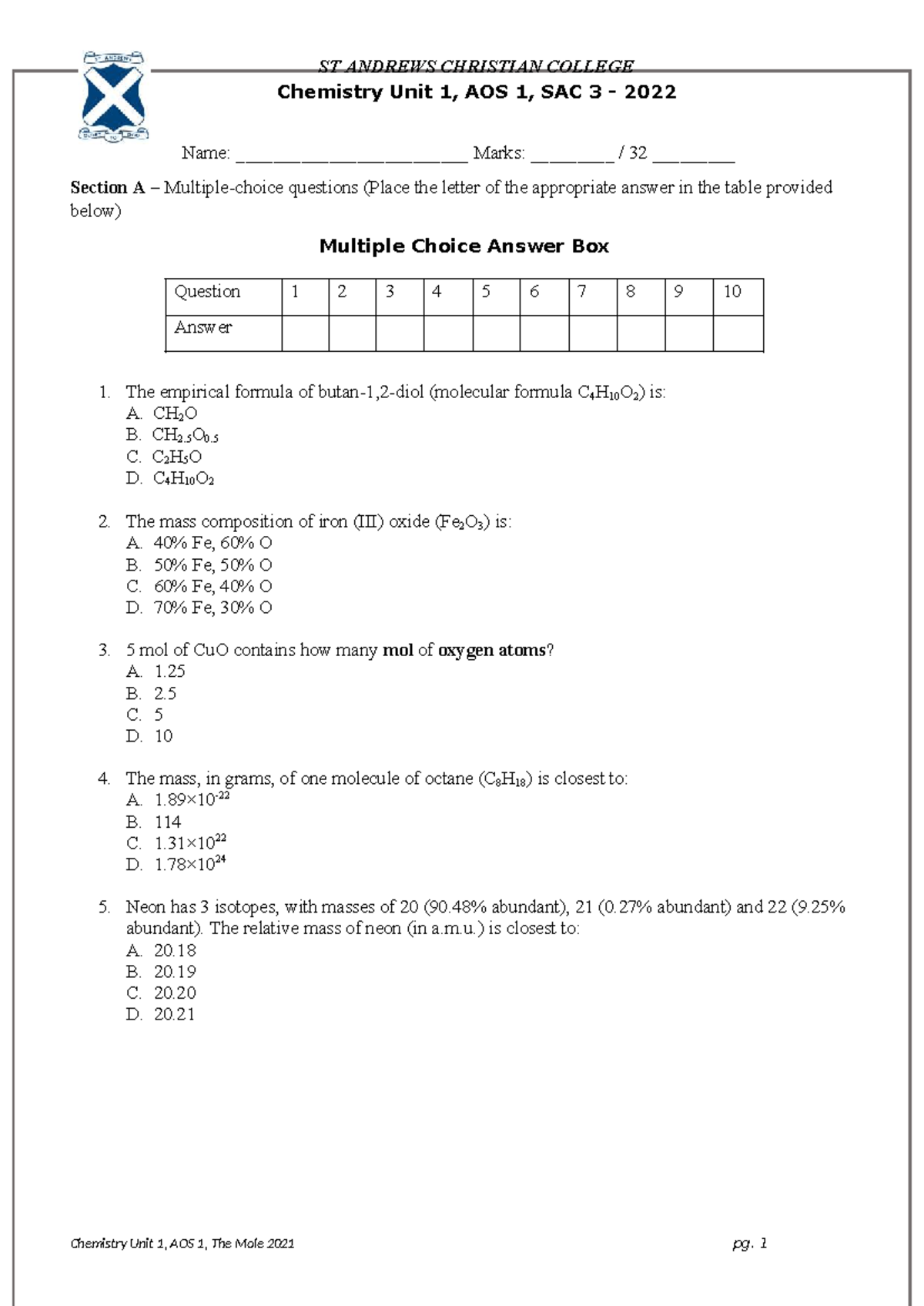 Mole SAC 2022 - Practice Exam for Chemistry Unit 1, AOS 1 - Studocu