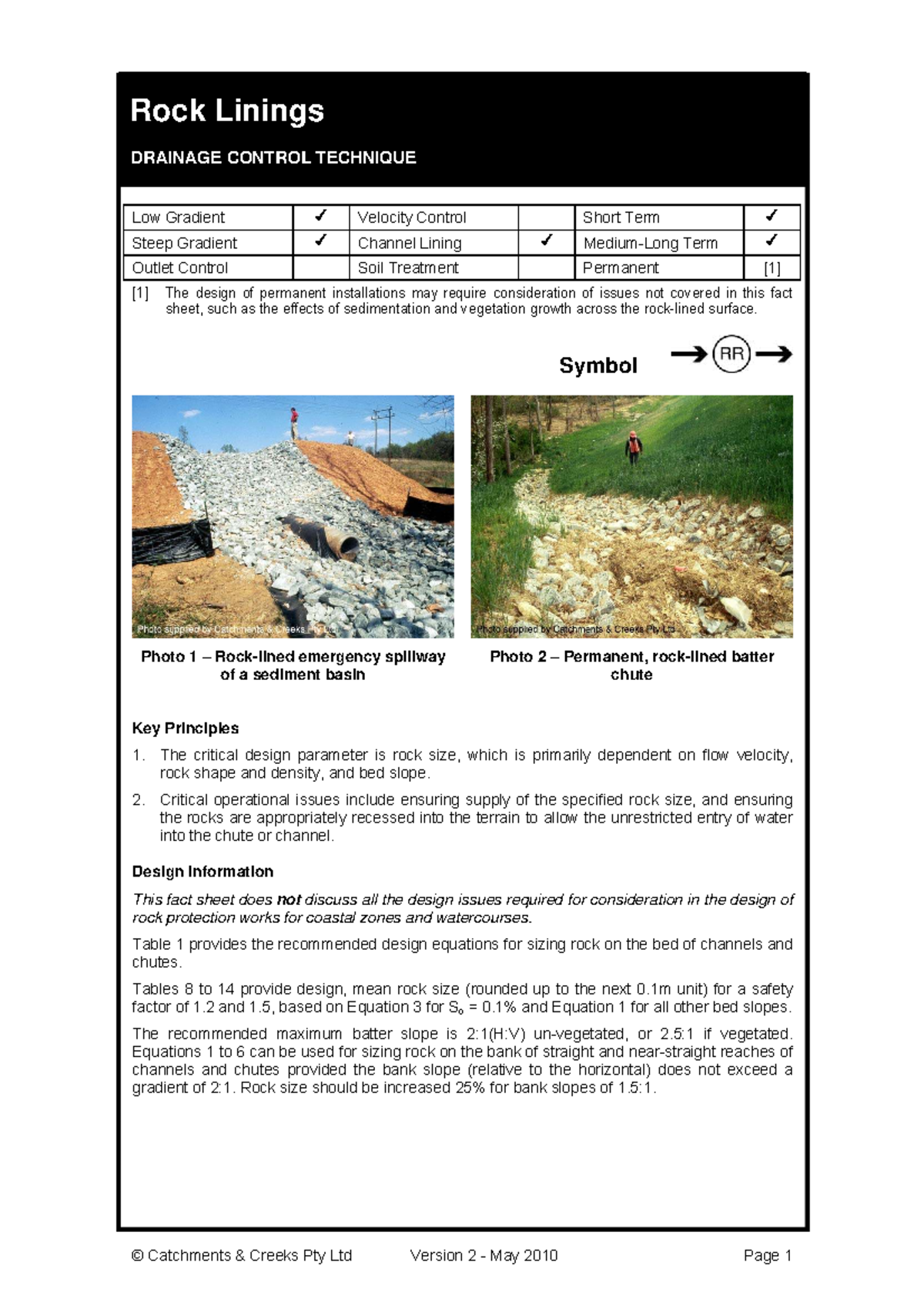 Rock Linings DRAINAGE CONTROL TECHNIQUE: Design & Sizing Guidelines ...
