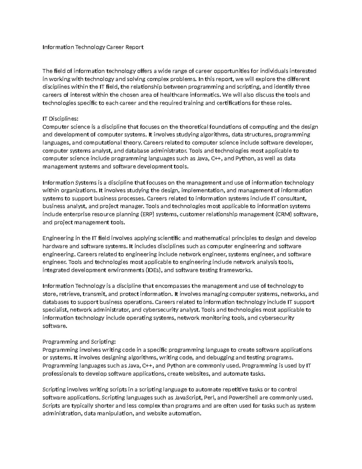 If 200 week 7 project - Information Technology Career Report The field ...