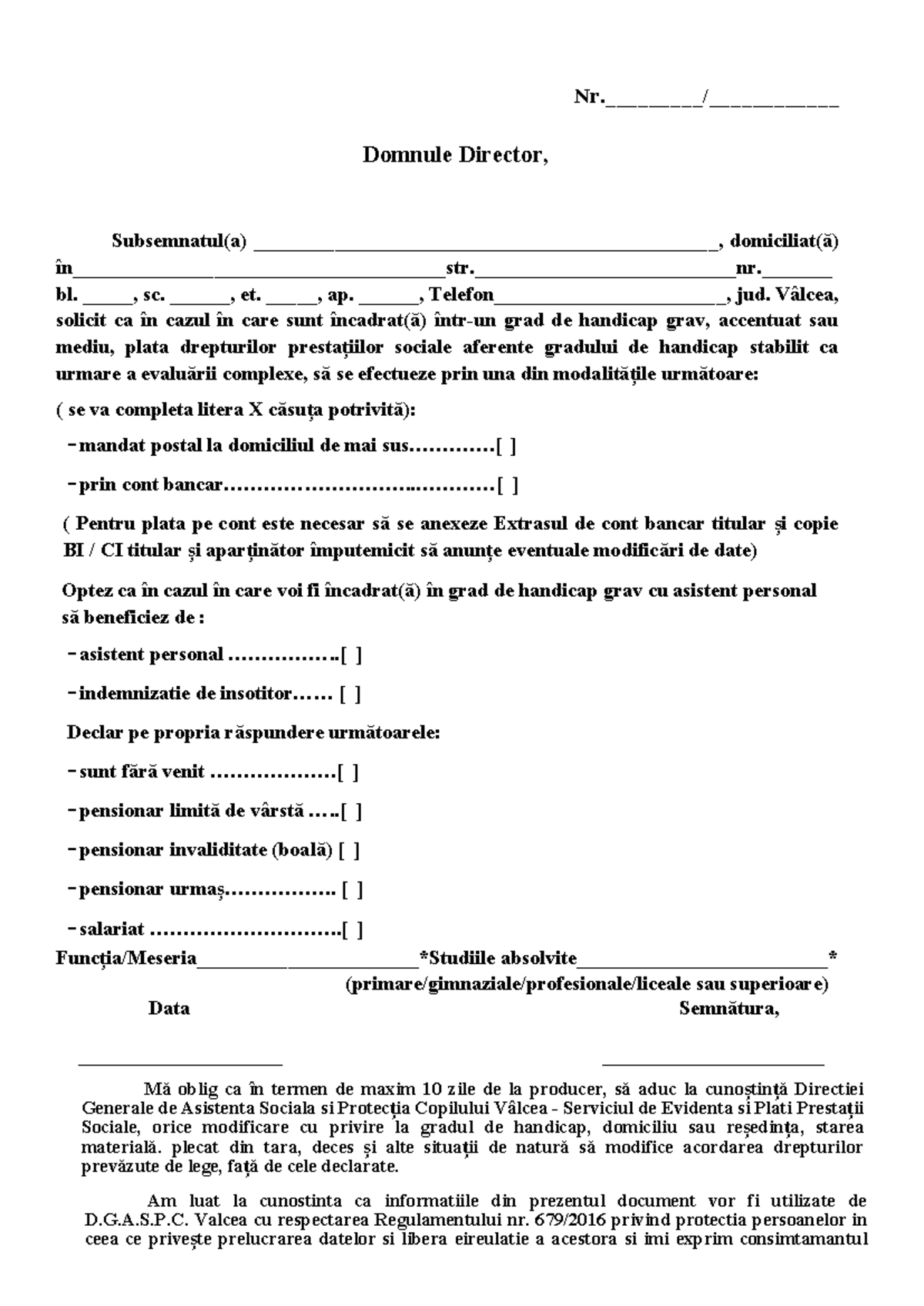 Cerere Modalitate de Plată a Drepturilor Sociale - Handicap - Studocu