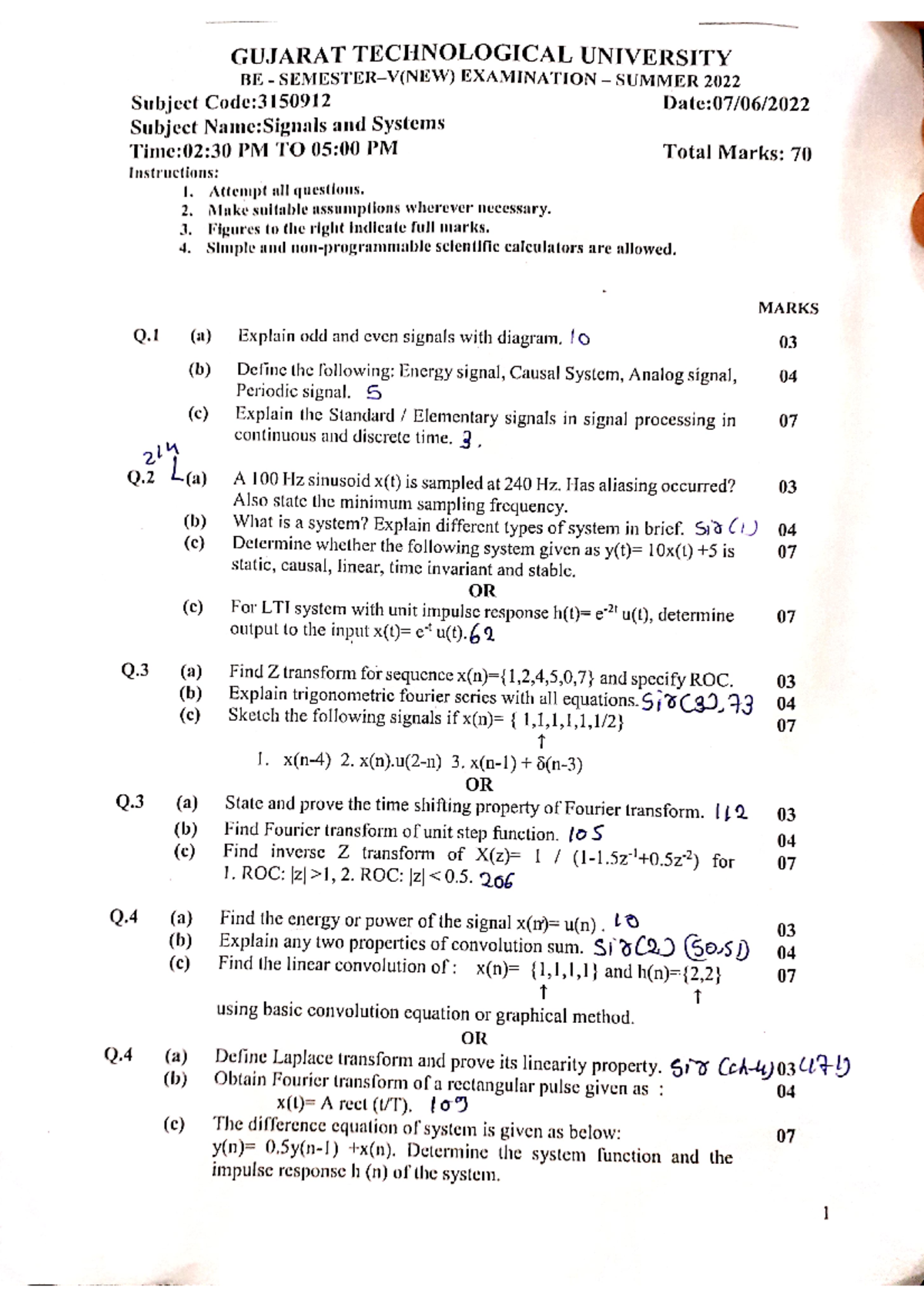 Signals and Systems Exam Preparation Notes (Subject Code: 3150912 ...